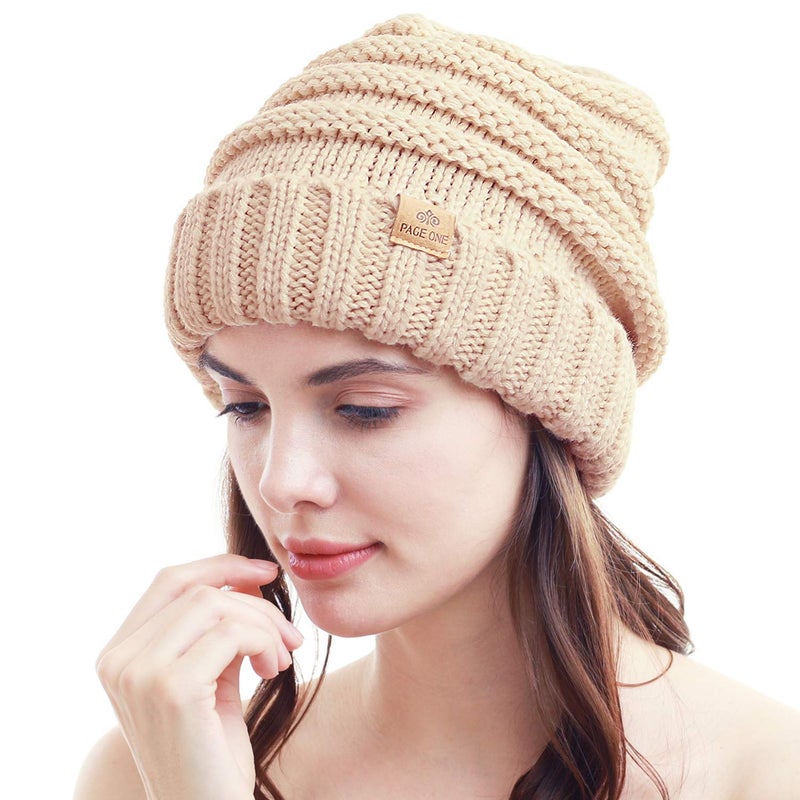 PAGE ONE Womens Winter Beanie Warm Cable Knit Hat Style Stretch Trendy Ribbed Chunky Cap Beige - Image 2